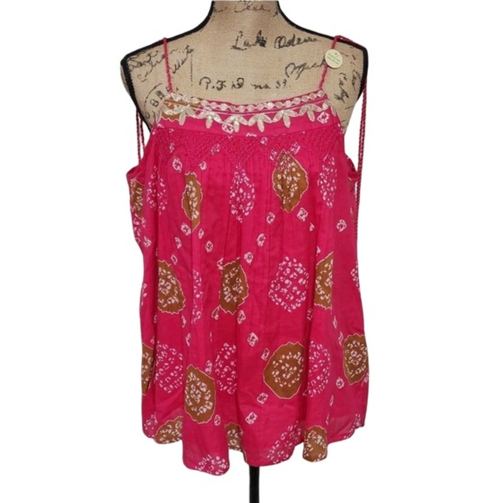 Artelier Nicole Miller Pink Batik Smocked Embroidered Tassel Camisole Top Medium